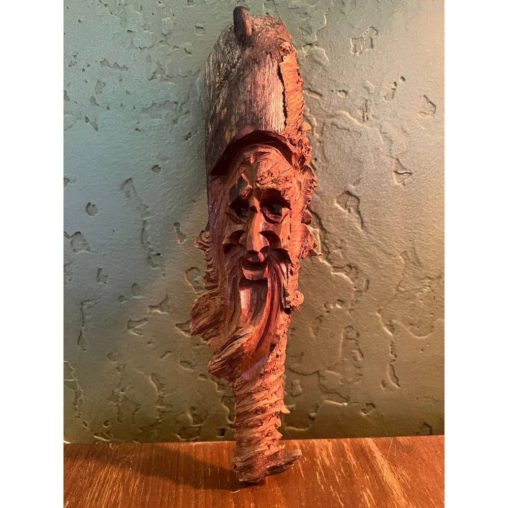 Vintage Hand Carved Wood Spirit Face Forest Wizard Folk Art Branch Carving